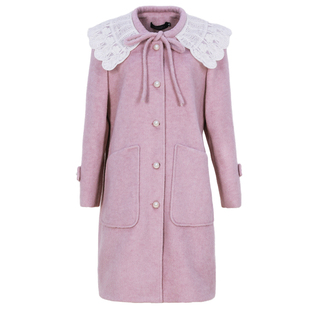 辣妈起义大码女装减龄大衣秋冬新款胖MM中长蕾丝翻领系带毛呢外套