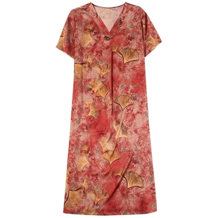 红色碎花中式真丝连衣裙夏季新款宽松大码妈妈短袖桑蚕丝裙子显瘦