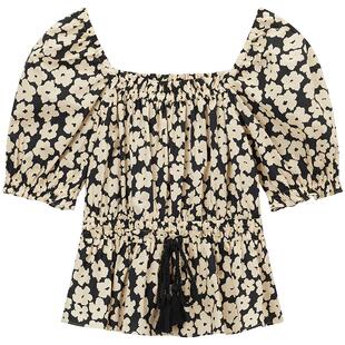 热风短袖上衣2026年夏款女士碎花衬衫方领显瘦泡泡袖收腰短袖