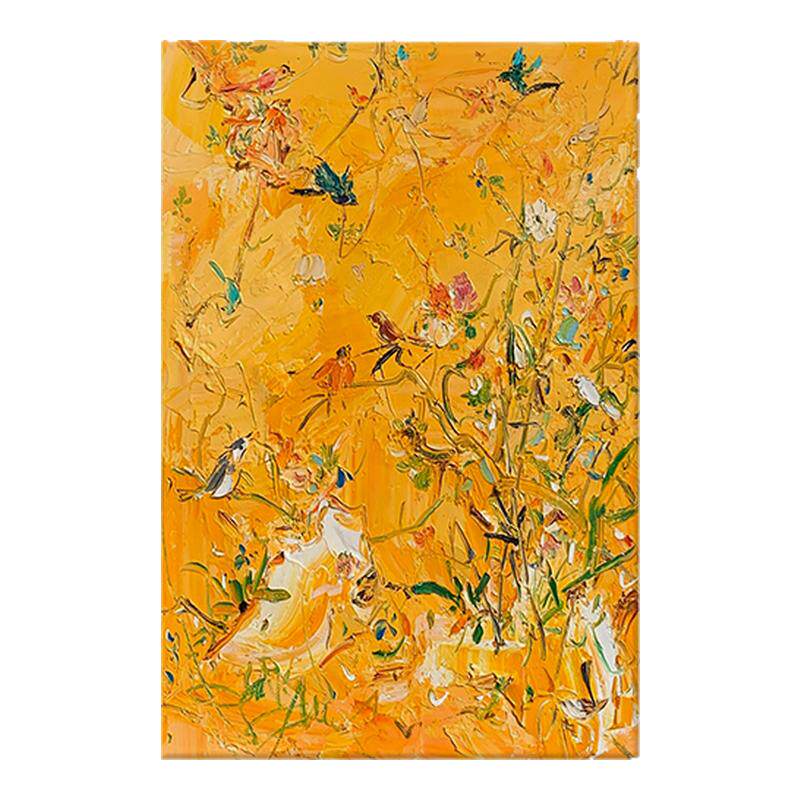 金黄色花鸟手绘油画客厅抽象高级艺术感丙烯壁画肌理挂画玄关装饰