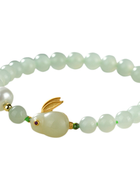 慕溪源和田玉银镀金玉兔钱币手链