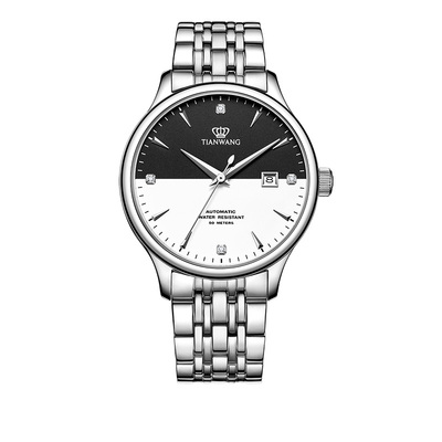 天王表限定黑白表盘款5876商务钢带男士手表礼物