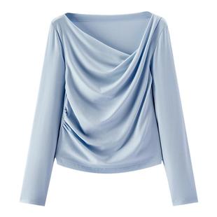 森马长袖T恤女春季短款不对称荡领斜肩露肩紧身纯色2025温柔上衣