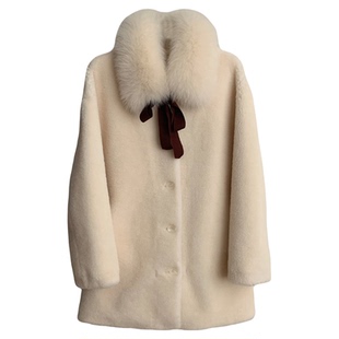 维也纳初雪/真狐狸毛领100羊羔毛皮毛一体中长款皮草毛毛外套女冬
