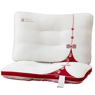 天丝纯棉枕头结婚专用枕芯一对大红色喜枕女方陪嫁整头家用新婚枕