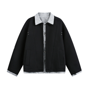 迈特优高级感拼接假两件夹克男春秋季潮牌宽松小香风翻领休闲外套