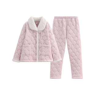 芬腾女士睡衣三层加厚夹棉袄珊瑚绒套装冬季抗静电女款加绒家居服