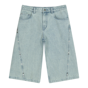 Simple Project*Rivets Fit Shorts女款洗水铆钉直筒牛仔五分短裤