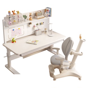 儿童学习桌小学生家用大白写字桌课桌椅套装手动升降实木书桌
