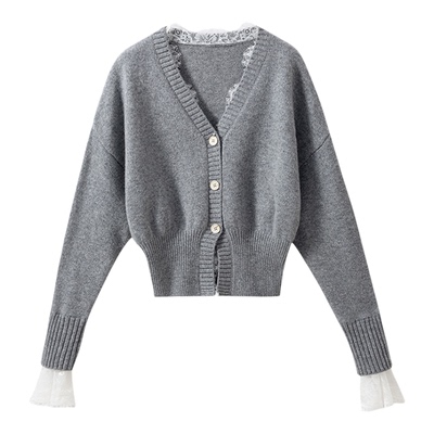 女人味撞色蕾丝拼接针织开衫毛衣