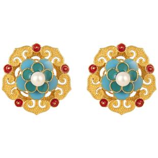 繁花似锦珍珠银鎏金耳钉非遗花丝珐琅彩如意多层中式手作耳饰耳环