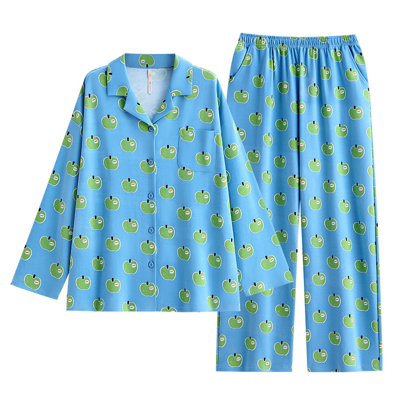 悦内睡衣女春秋款秋季纯棉长袖家居服时尚休闲多巴胺色系苹果套装