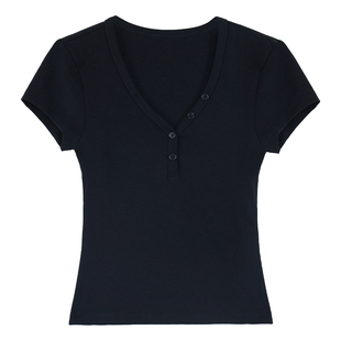 pusumede 身材魔法T 经典V领短袖T恤女修身收腰短款基础正肩上衣