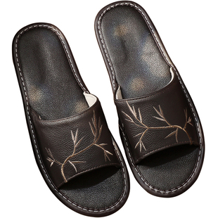 夏季真皮绣花凉拖鞋男女居家用室内防滑超软底防臭静音全牛皮亚麻