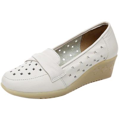 春夏季镂空坡跟白色软底透气女鞋