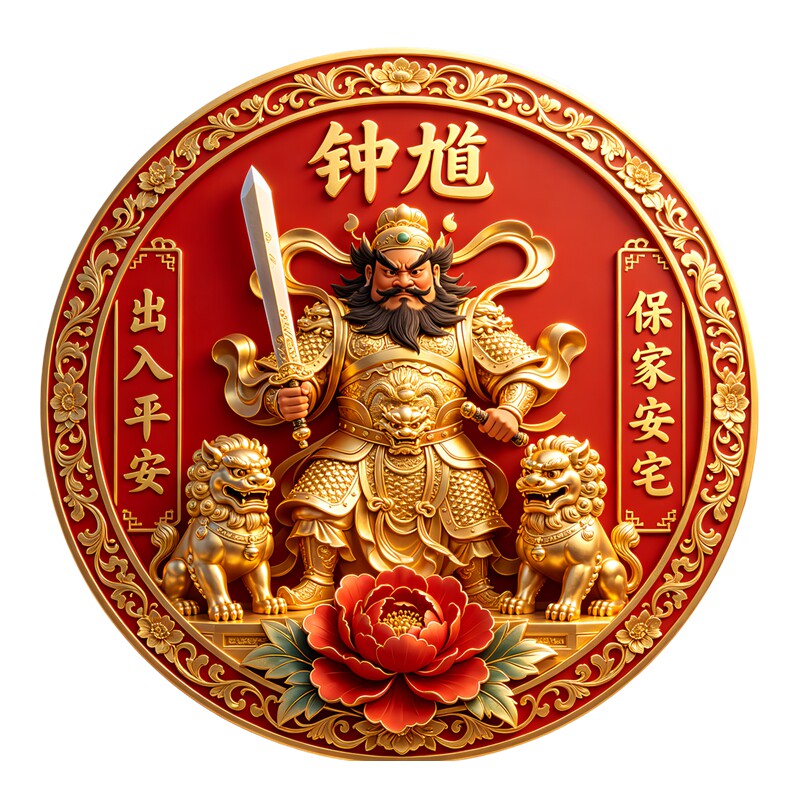 红底鎏金钟馗门神墙贴双狮牡丹出入平安文字防水自粘国风装饰贴画