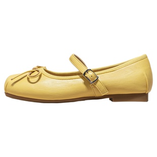 黄色蝴蝶结单鞋子2026春季新款平底浅口晚晚鞋法式玛丽珍皮鞋女鞋