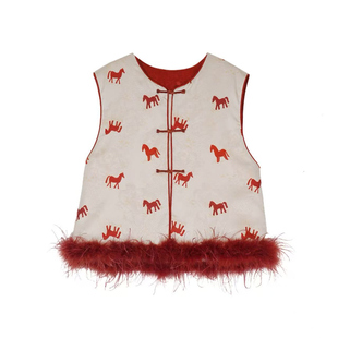 琪琪微微胖大码女装新中式无袖盘扣马图案拼接鸵鸟毛洋气国风马甲