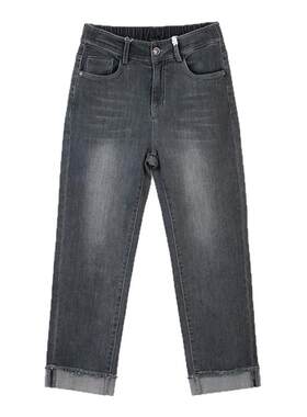 诗梦女装夏季新款烟灰色高腰牛仔小脚裤轻薄棉弹休闲烟管裤九分裤