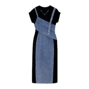 复古拼接牛仔假两件背带气质显瘦连衣裙女夏季短袖收腰通勤A字裙