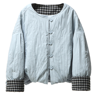 轻薄羽绒服女短款圆领2025秋冬新款小个子新中式国风拼色盘扣外套