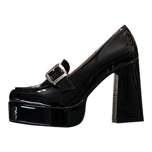 日系漆皮厚底防水台玛丽珍小个子粗跟高跟鞋不累脚复古风浅口单鞋