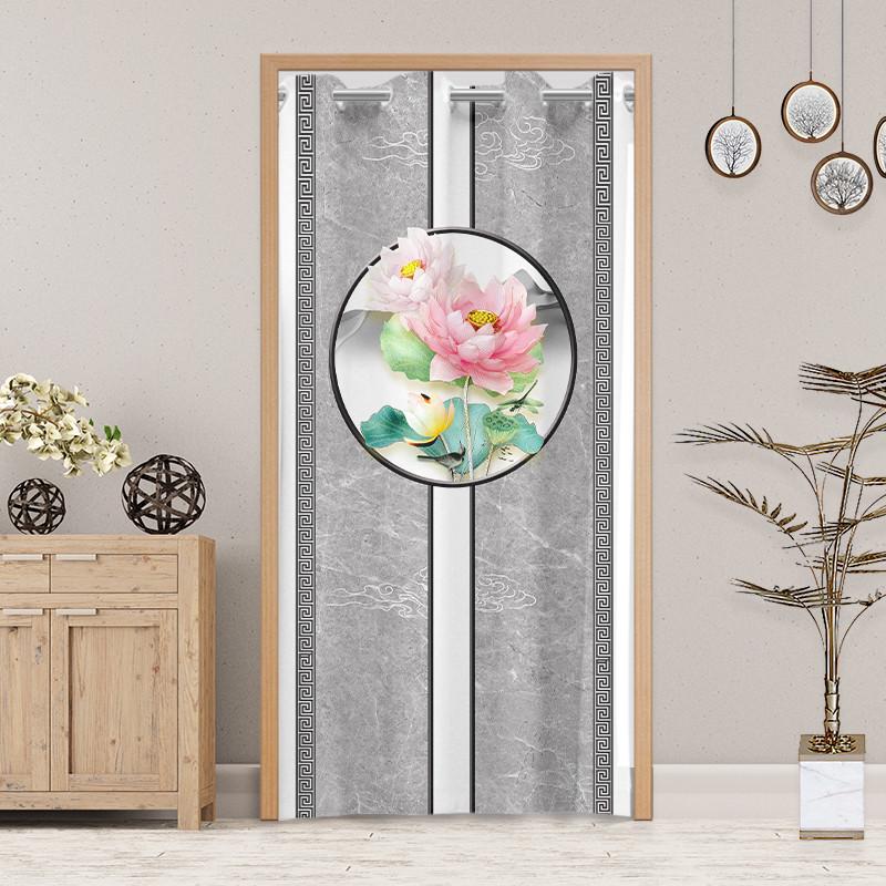 免打孔布艺门帘隔断帘家用客厅半帘挡风防冷气厨房卧室门帘伸缩杆