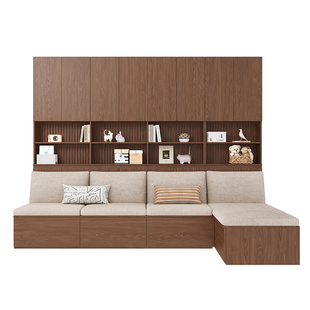 政补实木卡座沙发书柜满墙一体到顶客厅靠墙中古风书架储物展示柜