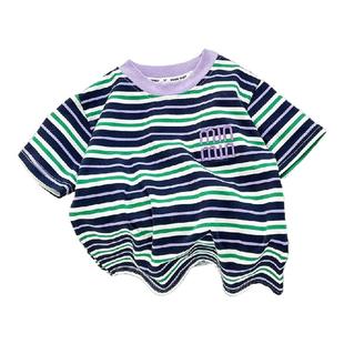 夏季儿童纯棉时尚条纹短袖男孩女童百搭T恤宝宝上衣薄款休闲服潮