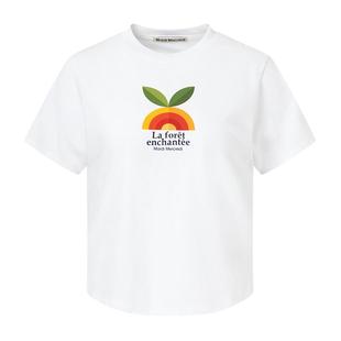 MardiMercredi元气植物图案印花白色短袖t恤上衣女修身正肩新款