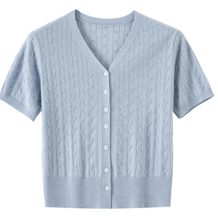 新品-BANANA BABY2026年夏季新款韩系v领麻花织法针织开衫短袖女