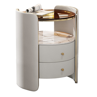 轻奢床头柜圆形简约现代卧室床边柜极简岩板茶色玻璃储物柜