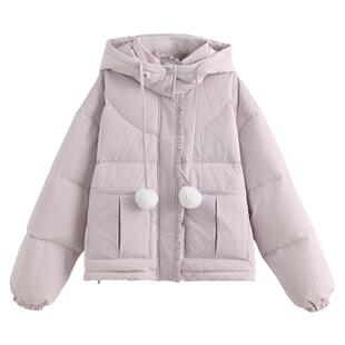 森女部落紫色连帽羽绒服女2026新款白鸭绒宽松短款冬季保暖外套