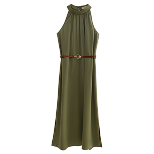 popchrio◆复古高级削肩挂脖吊带无袖连衣裙法式显瘦小个子长裙女