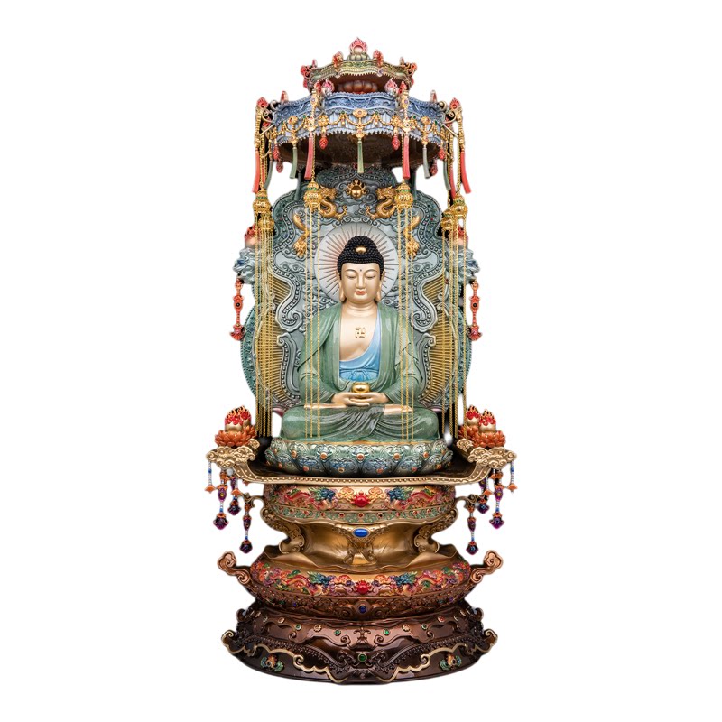 娑婆三圣铜像珐琅彩台湾带华盖观世音地藏王释迦牟尼佛供奉摆件