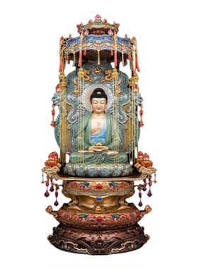 娑婆三圣铜像珐琅彩台湾带华盖观世音地藏王释迦牟尼佛供奉摆件
