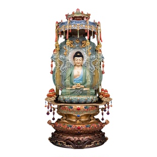 娑婆三圣铜像珐琅彩台湾带华盖观世音地藏王释迦牟尼佛供奉摆件