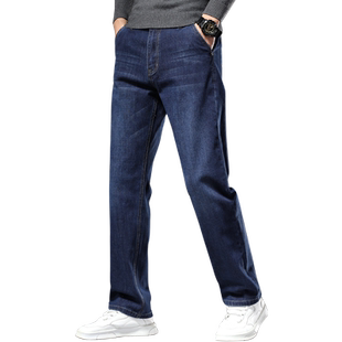 罗蒙男士牛仔裤冬季宽松直筒弹力男裤2025新款秋冬加绒休闲长裤子