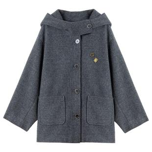 KEIKO 高级感灰色连帽羊毛呢外套25秋冬格雷系斗篷形显瘦呢子大衣