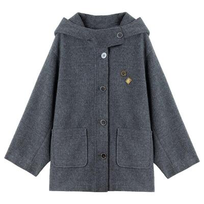 KEIKO高级感灰色连帽羊毛呢外套