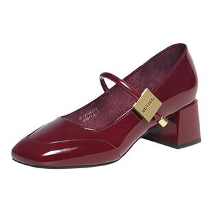 红蜻蜓红色婚鞋高跟鞋女新娘鞋子春季皮鞋法式粗跟单鞋玛丽珍女鞋