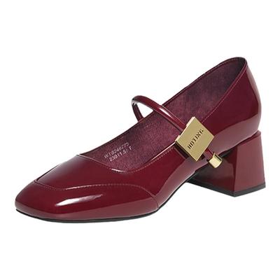 红蜻蜓玛丽珍红色粗跟婚鞋