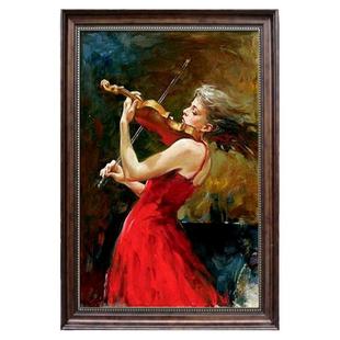 美女拉小提琴装饰画手绘现代玄关酒店壁画乐器印象带笔触油画简约
