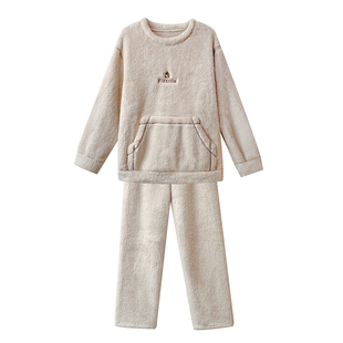 文森熊猫雪花绒秋冬家居服睡衣女士可外穿加绒加厚法兰绒套装