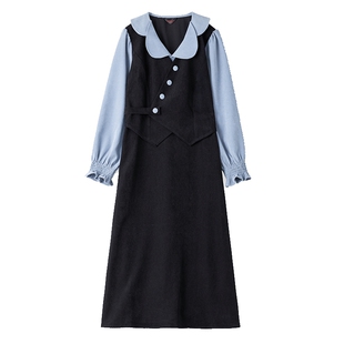 2025秋装新款法式复古收腰A字长裙假两件套装大码显瘦胖MM连衣裙