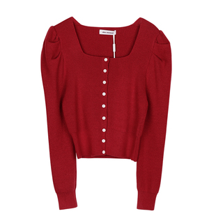 alex stevens红色纯欲方领针织开衫女春秋泡泡袖毛衣修身内搭上衣