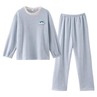 紫色花语珊瑚绒女款睡衣冬季加厚防风保暖圆领超柔软可外穿家居服