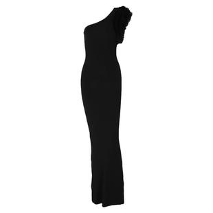 北欧晚宴风气质高贵纯色斜肩连衣裙拼接羽毛修身显瘦长款晚礼服女