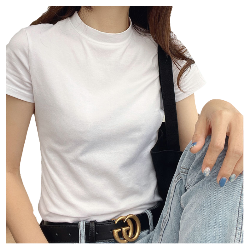 2025新款正肩短袖t恤女修身紧身纯棉白色半高领打底衫夏上衣纯色