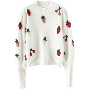 主角级单品！纯手工钩花草莓半高领羊绒衫女纯羊绒毛衣秋冬加厚